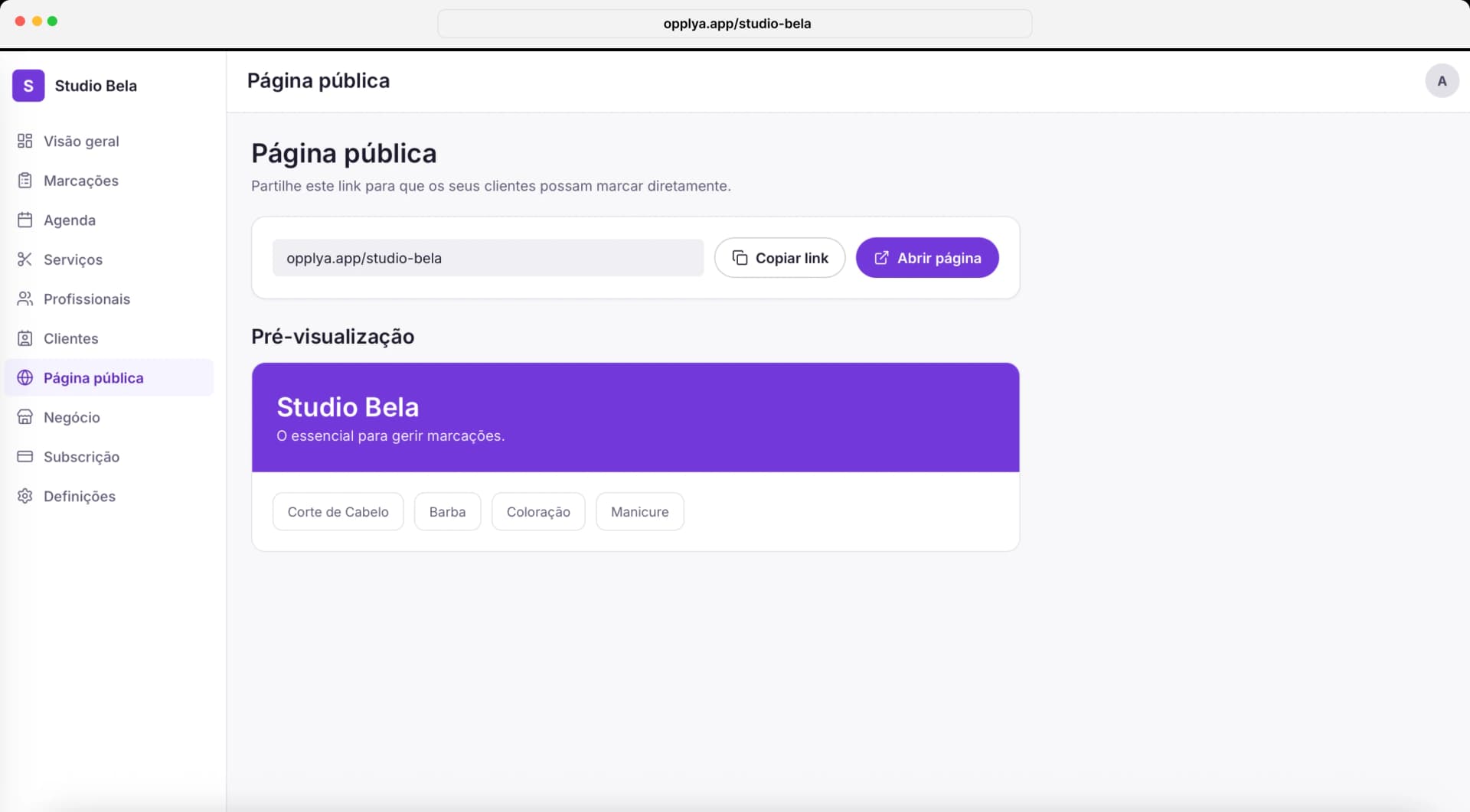 Página pública de marcações da Opplya