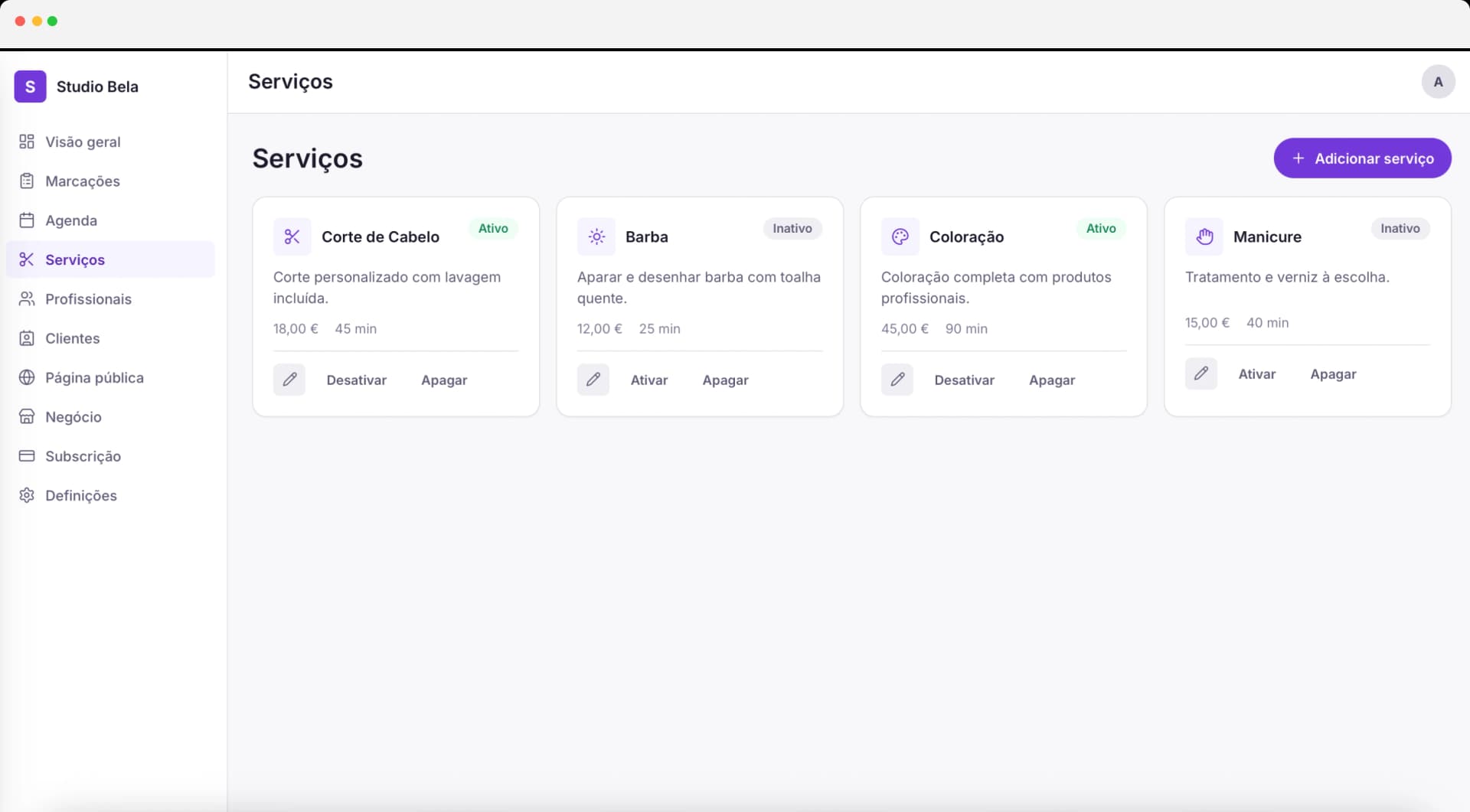 Gestão de serviços no dashboard Opplya