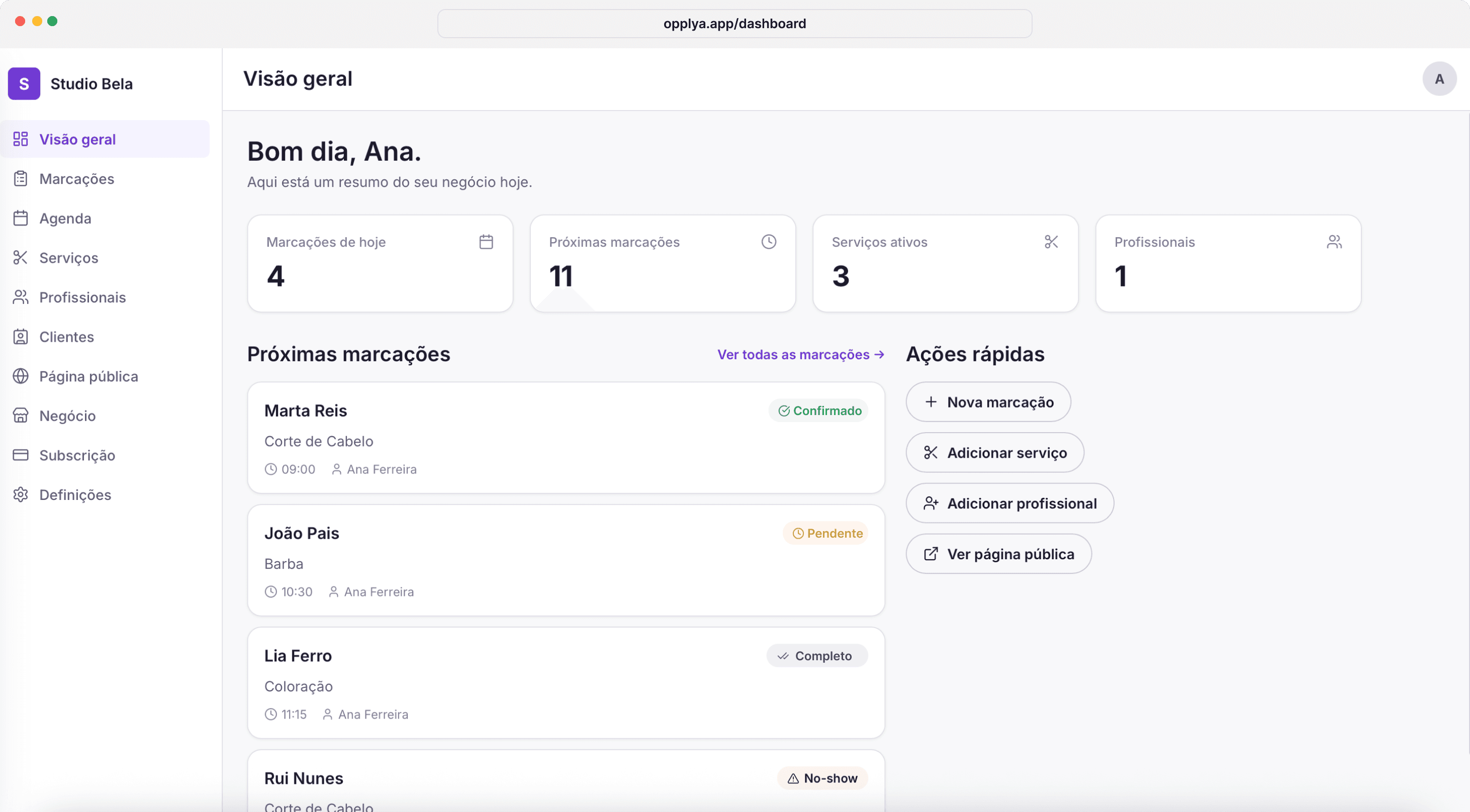 Vista geral do dashboard Opplya — agenda, marcações e métricas